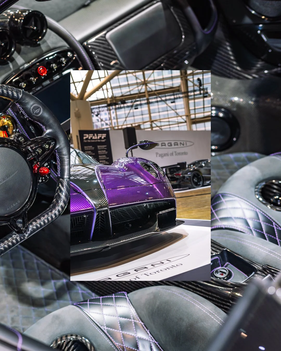 A luxury Pagani supercar with a purple and carbon fiber exterior on display at an auto show, with the interior view showing a carbon fiber steering wheel and quilted leather seats with purple stitching.