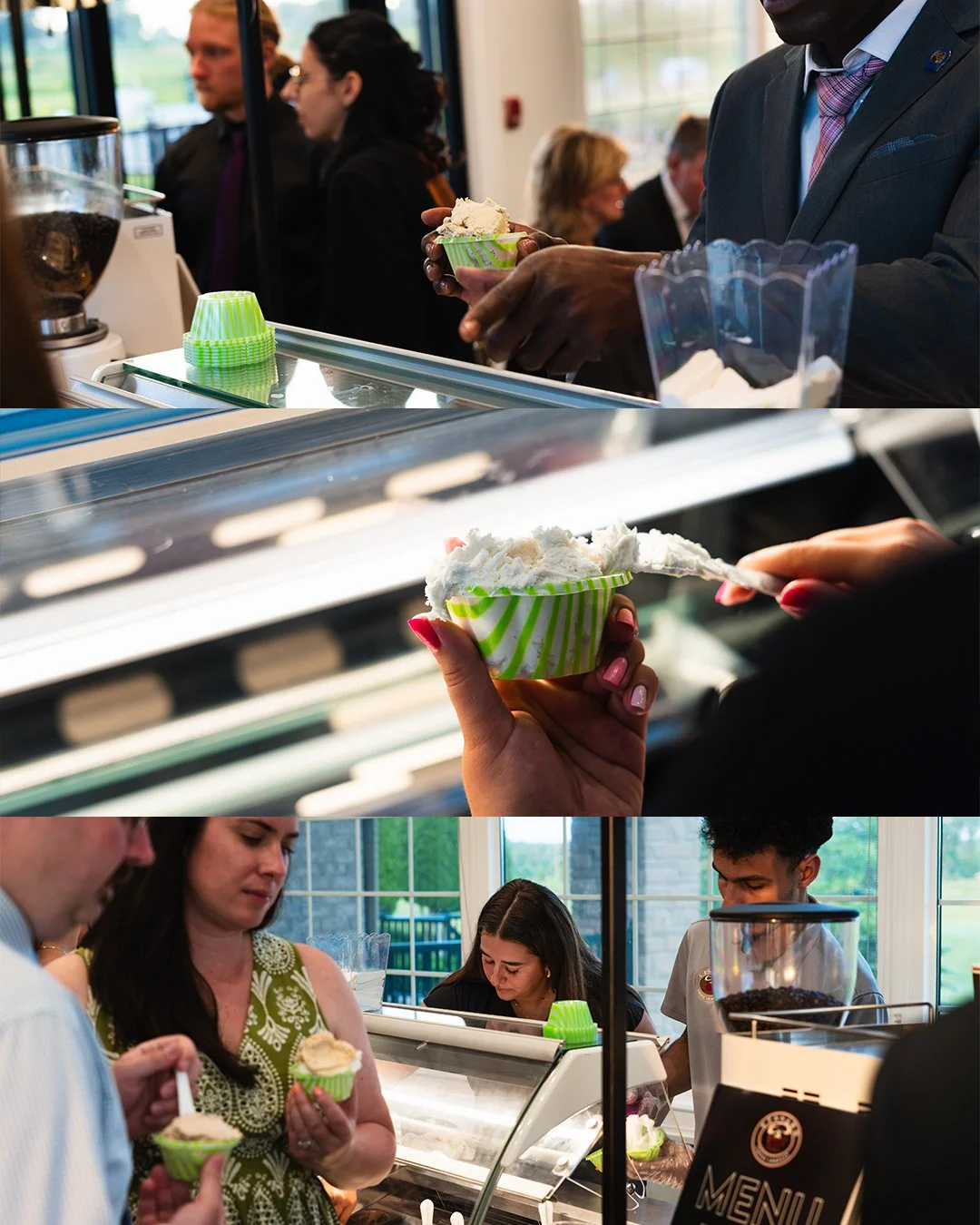 People ordering and serving ice cream at a cafe counter, with close-up of ice cream cups in green and white striped cups.