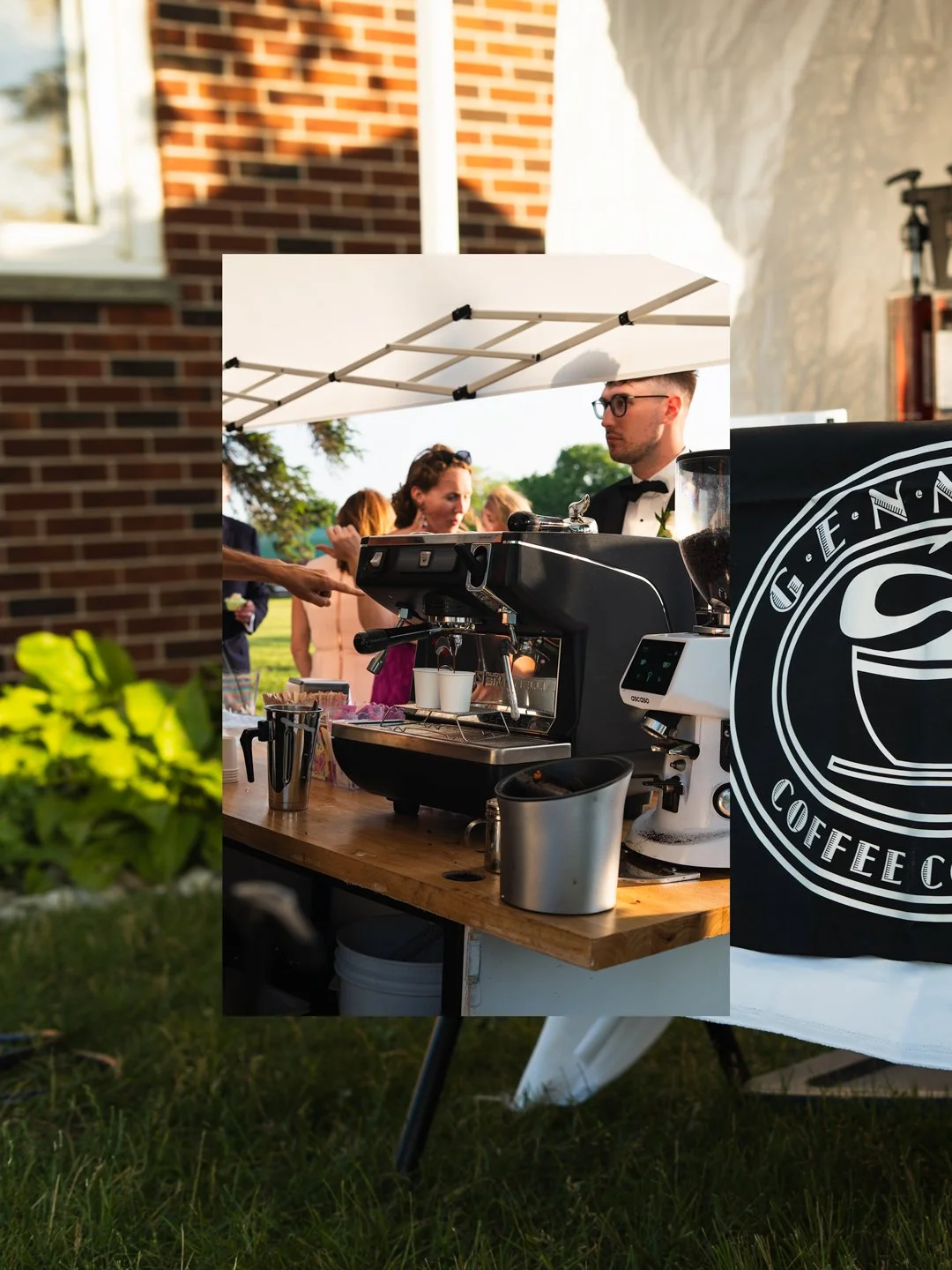 A group of people gathered around a coffee station at an outdoor event, with a large coffee machine and beans on display, set up on a wooden table under a white canopy.