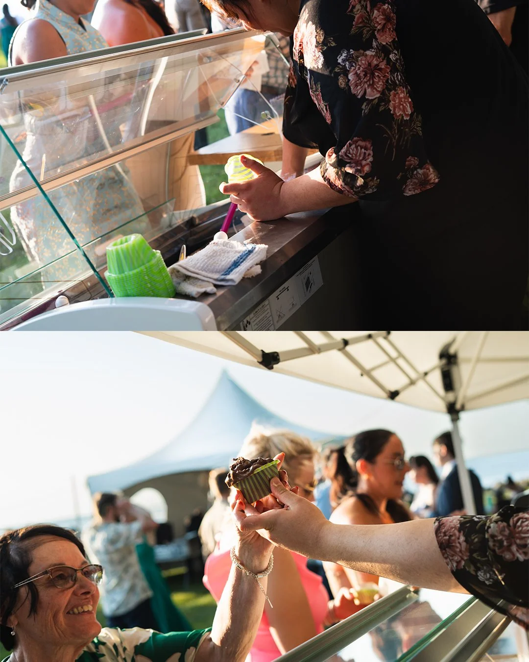 People at an outdoor event enjoying ice cream and desserts at a food stand.
