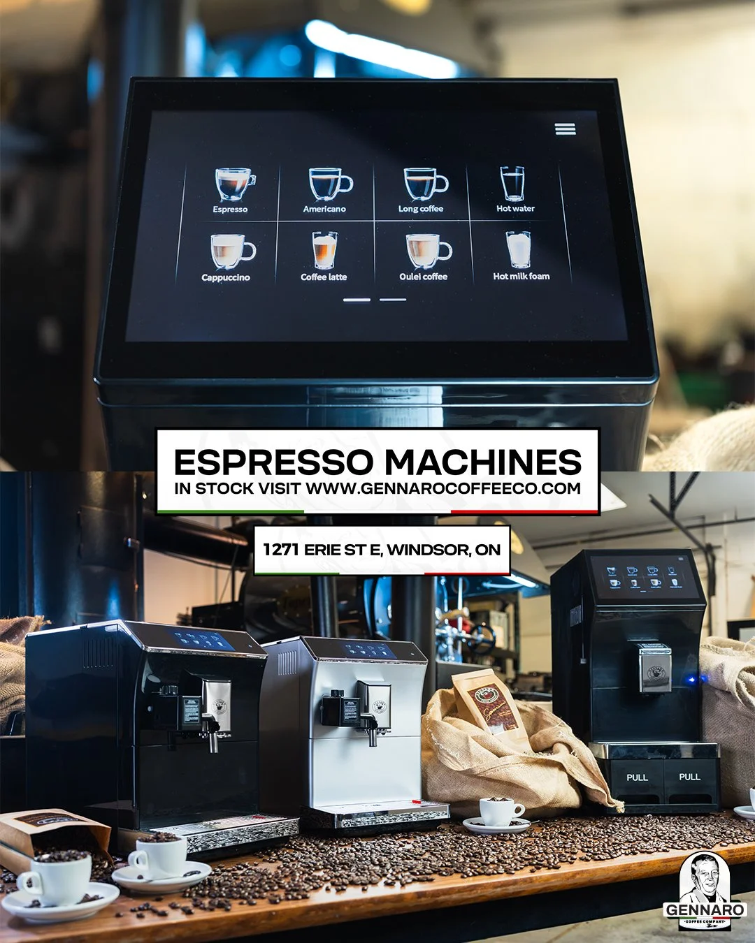 Three espresso machines on a coffee counter with coffee beans and cups, digital menu screen showing coffee options, sign with store information.