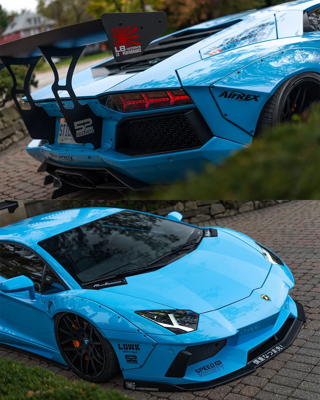 A blue Lamborghini parked on a brick pathway, showing the front and rear views. The rear has a large black wing with red branding, and the car has various stickers and decals, including one that reads 'SPEED S SOCIETY'.
