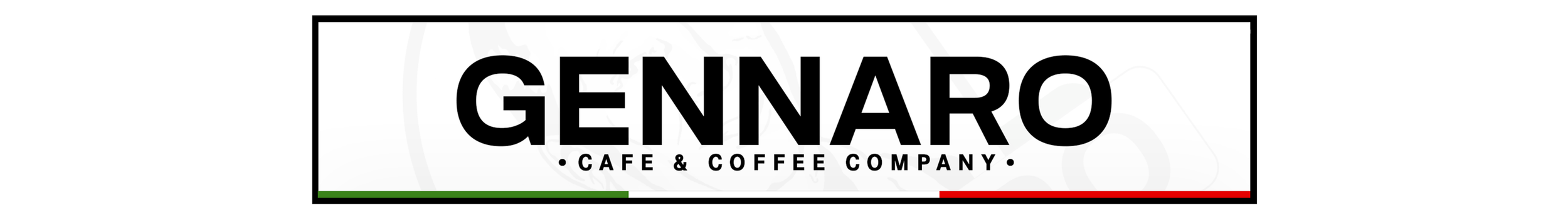 Logo for Gennaro Cafe & Coffee Company with black text on a white background and small green and red lines underneath