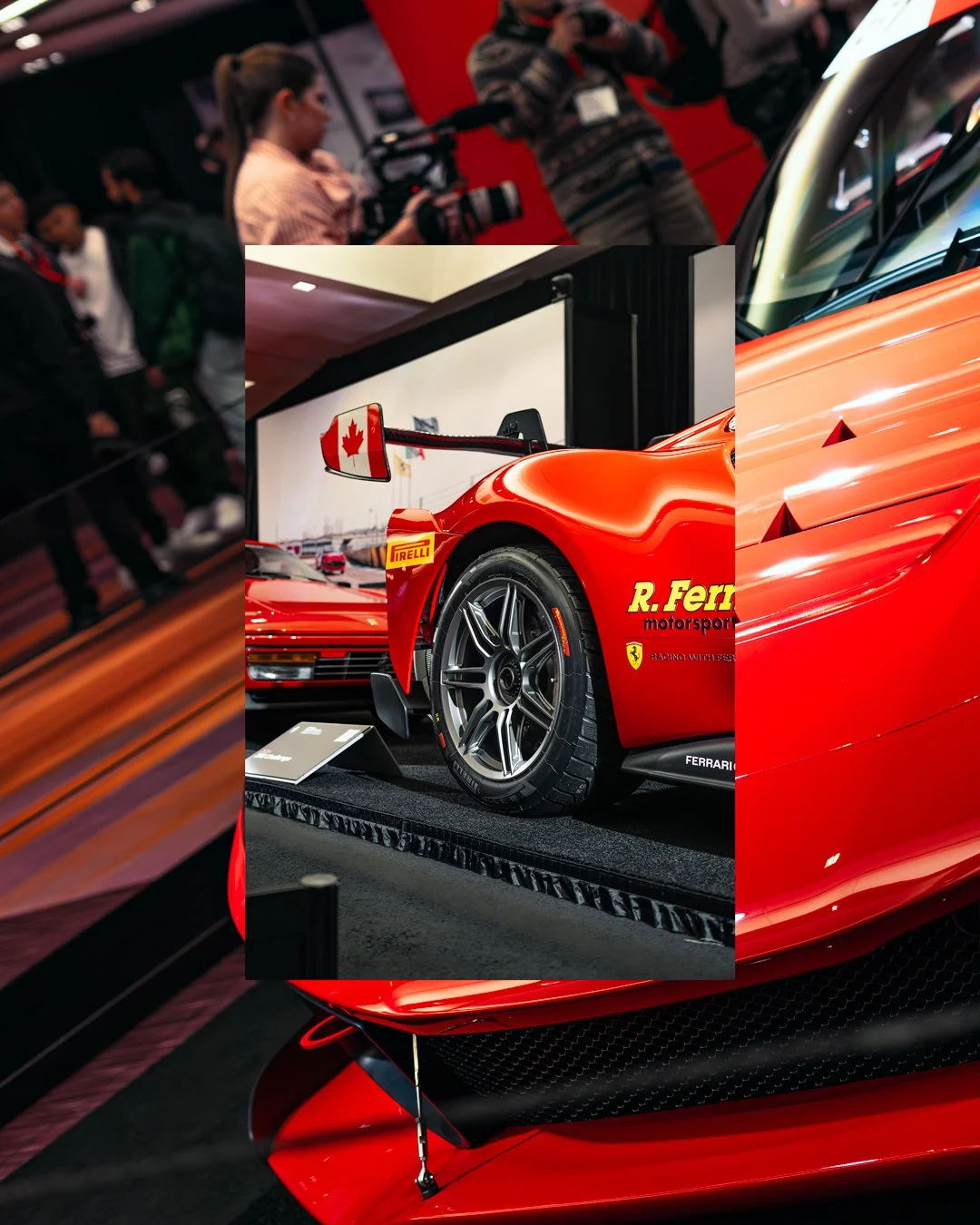 A close-up of a red racing Ferrari with sponsorship decals, displayed at an auto show, with a family or group of people in the background taking photos.