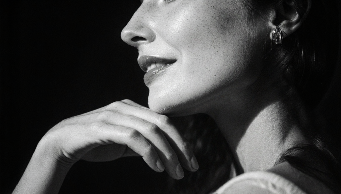 A woman poses with her hand gracefully on her chin
