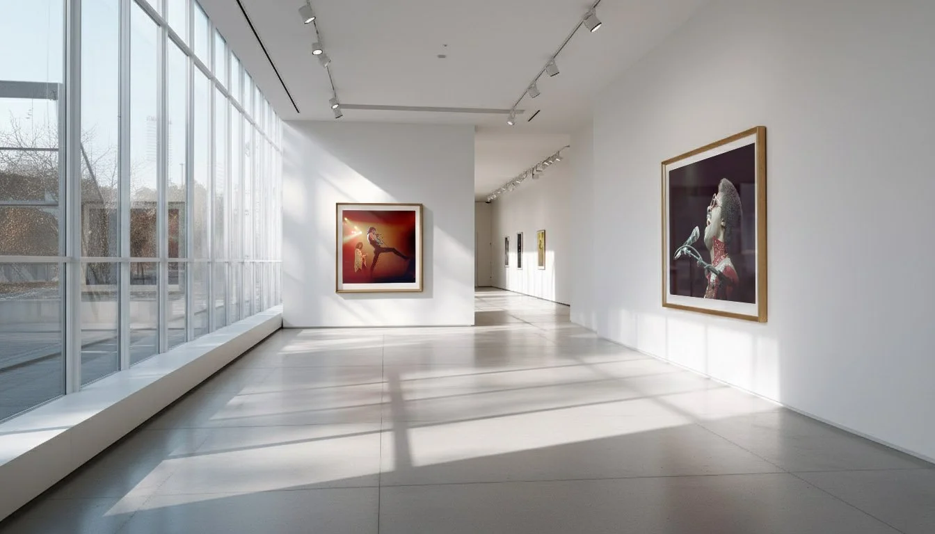 An art gallery with large windows on the left, white walls, and several framed photographs or paintings hanging on the walls. The room is brightly lit with natural light and has a clean, modern appearance.