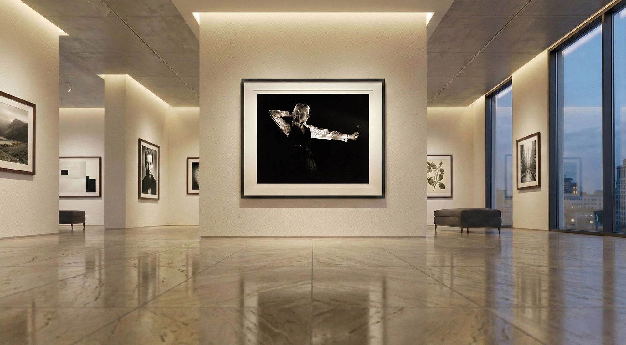 An exhibition view of the John Rowlands Archive David Bowie 'Archer' print, showcasing the uncropped full-frame limited edition in a professional gallery setting.