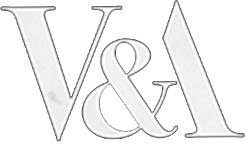 The image shows a black background with large white letters V and A and a smaller letter & in between.