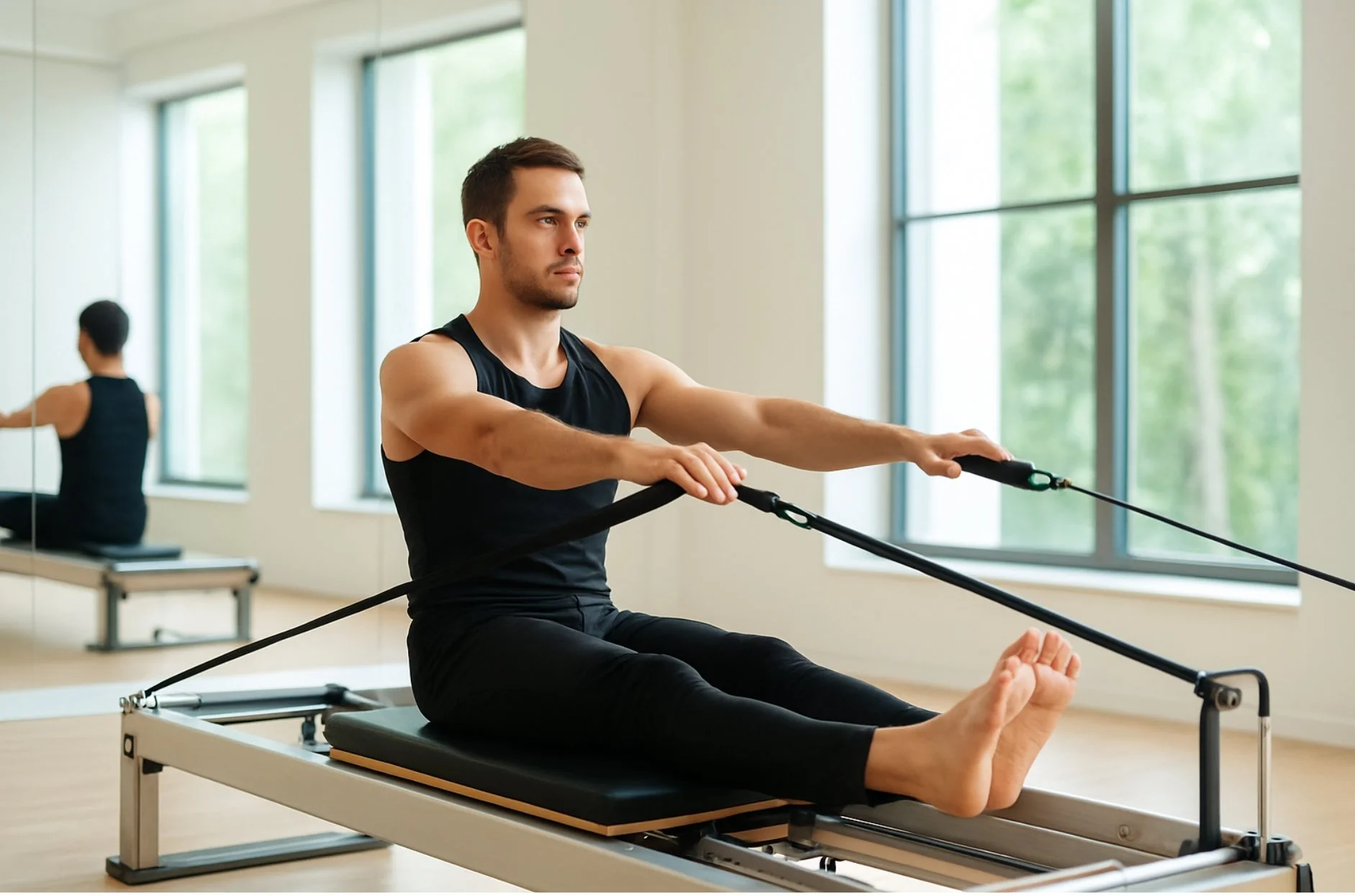 A man lying reformer/cadillac apparatus performing a pilates rollup exercise to strengthen the core area as part of a sports/athletic conditioning program.