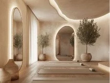 An elegant Pilates studio interior with mats, beige walls, large windows, sheer curtains, and potted plants to create a relaxed ambience.