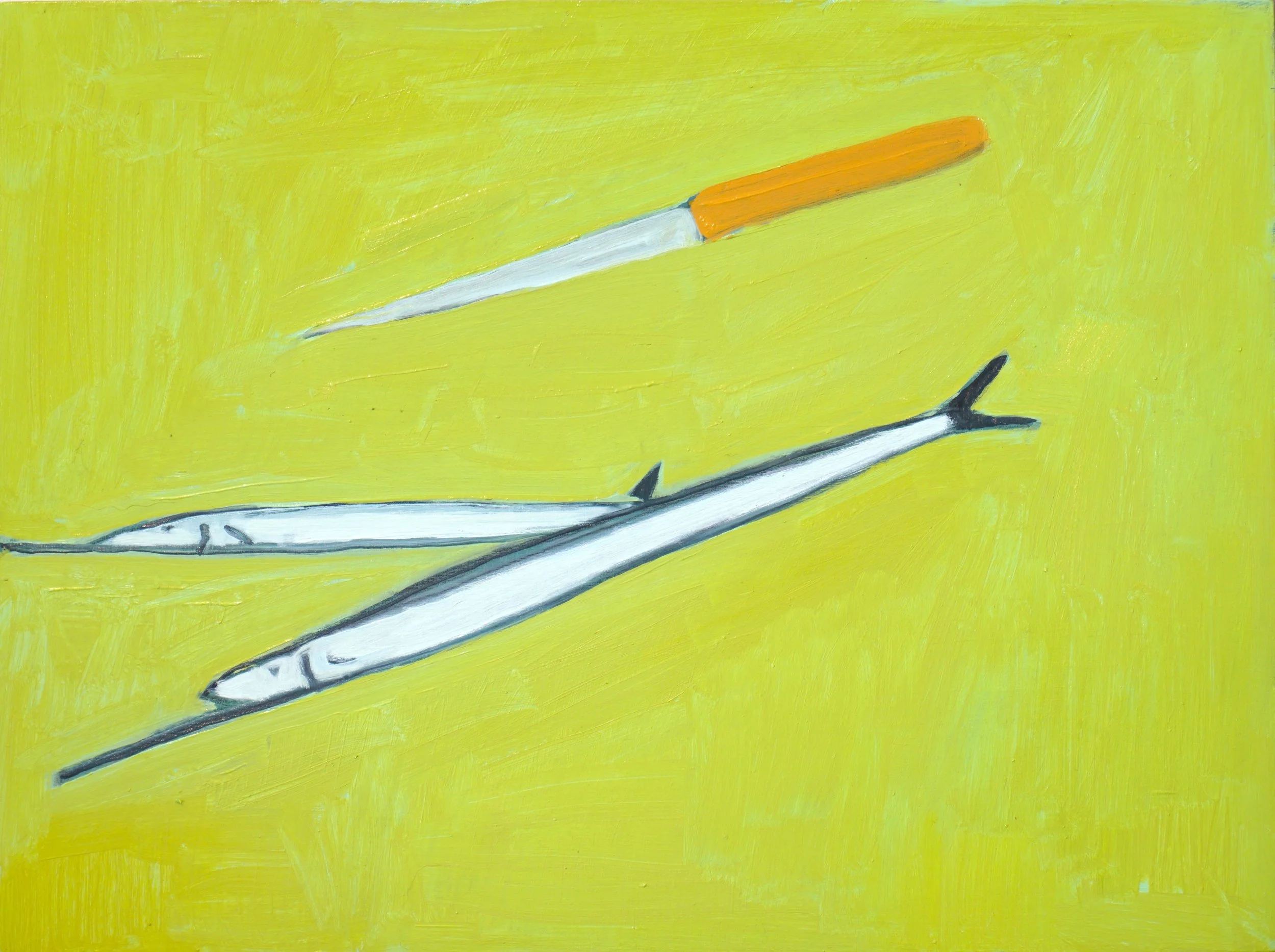 Garfish and knife (homage to Kevin Lincoln), oil on board, 40x50x2cm 2025