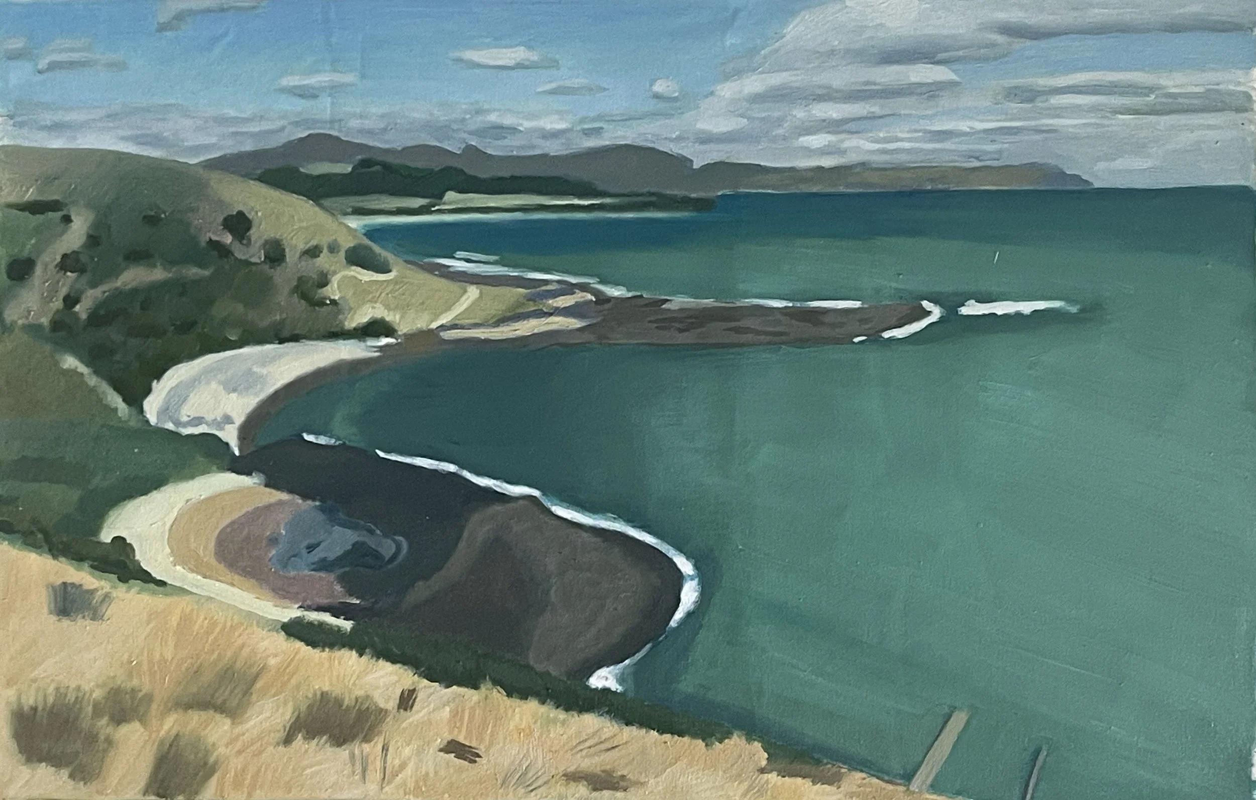 Secluded Beach in Tasmania, oil on polycotton, 42x64.5cm 2026