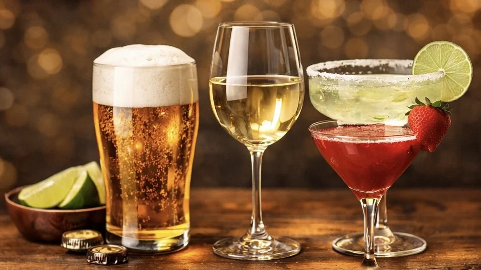 An assortment of alcoholic beverages including a pint of beer, a glass of white wine, a margarita with a salted rim and strawberry garnish, and a lime margarita with a strawberry garnish, on a wooden table with lime wedges in a bowl.