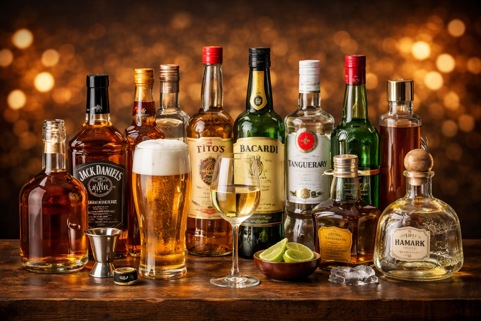 Assorted bottles of alcohol, a glass of whiskey, a glass of white wine, a lime wedge, and ice on a wooden surface with a blurred bokeh background.