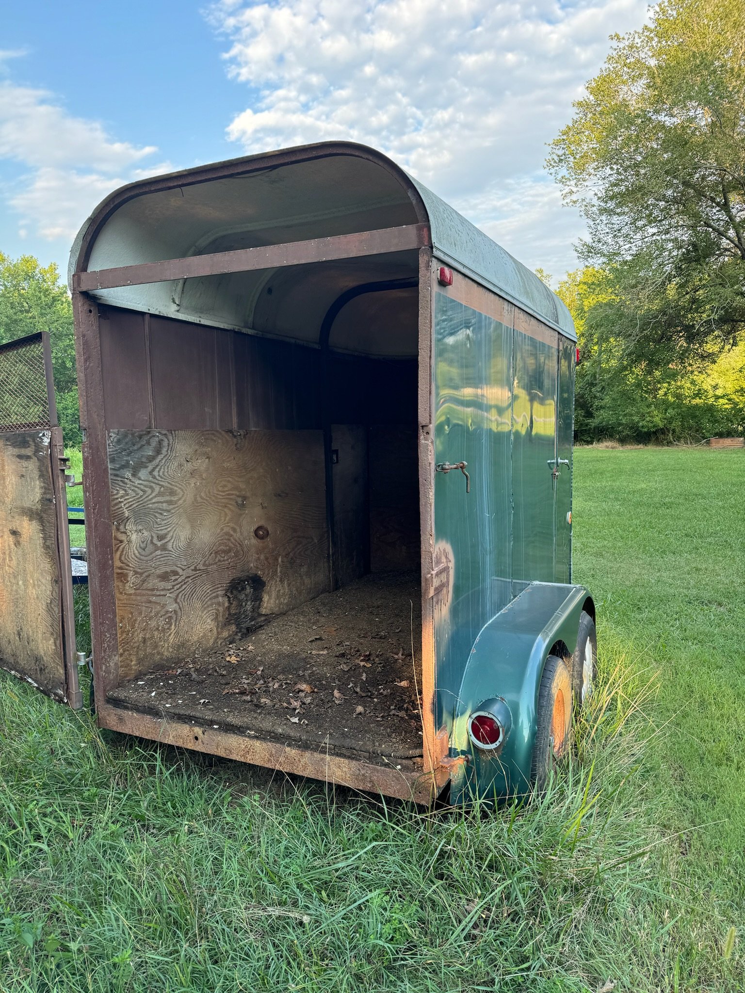 An empty green enclosed trailer with rust and dirt on the inside, parked on grassy ground near trees, with a partly cloudy sky overhead.