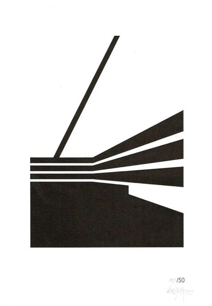 Black abstract geometric artwork with lines and shapes on a white background.