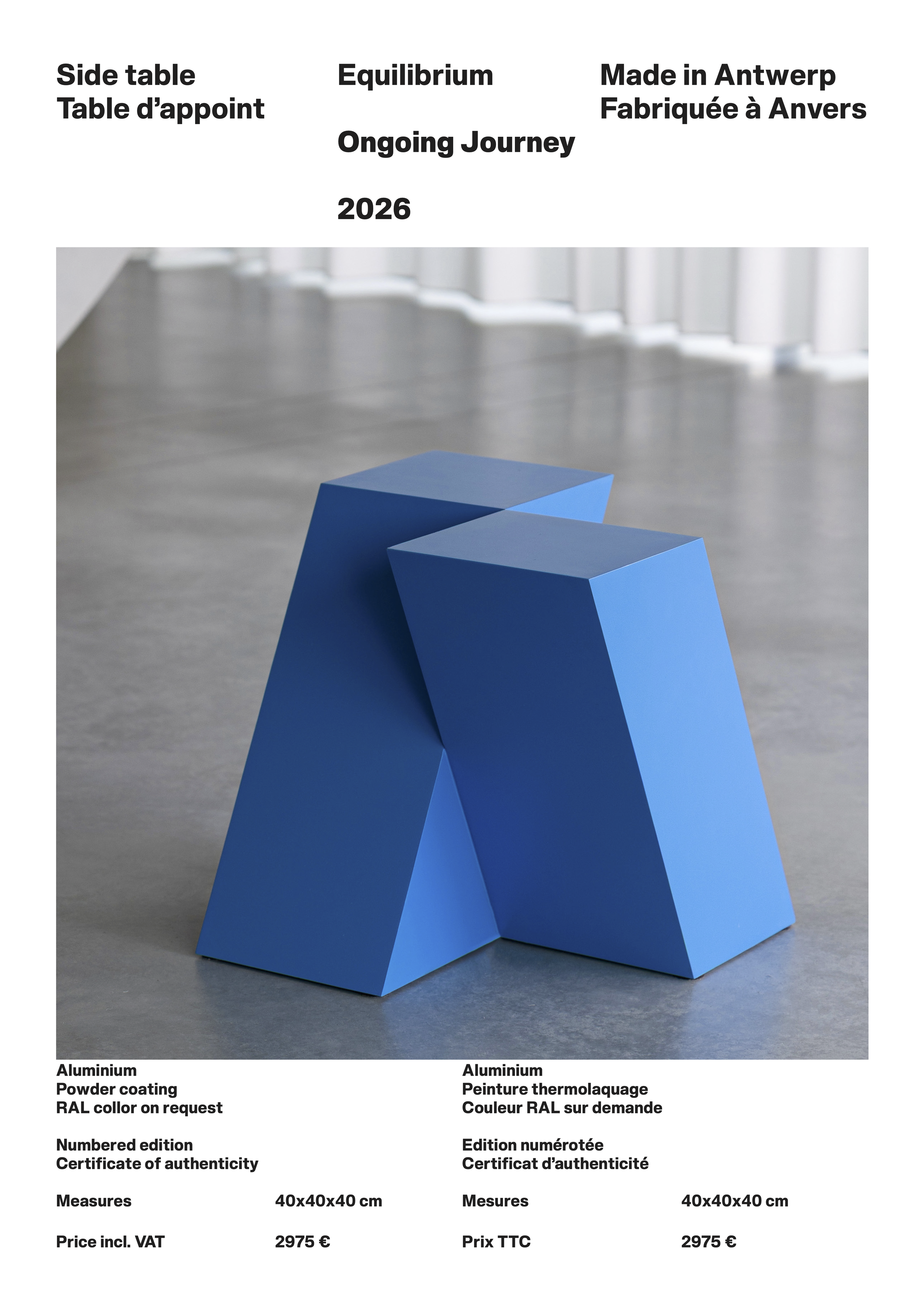 Brochure or product description with a photo of a blue, geometric aluminum table, including details about its powder coating, RAL color, size of 40x40x40 cm, and price of 2975 euros.
