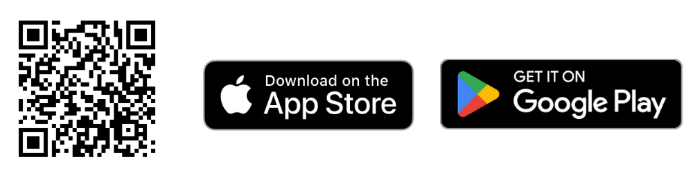 Image with download options for the App Store and Google Play, featuring the Apple logo and Google Play logo.