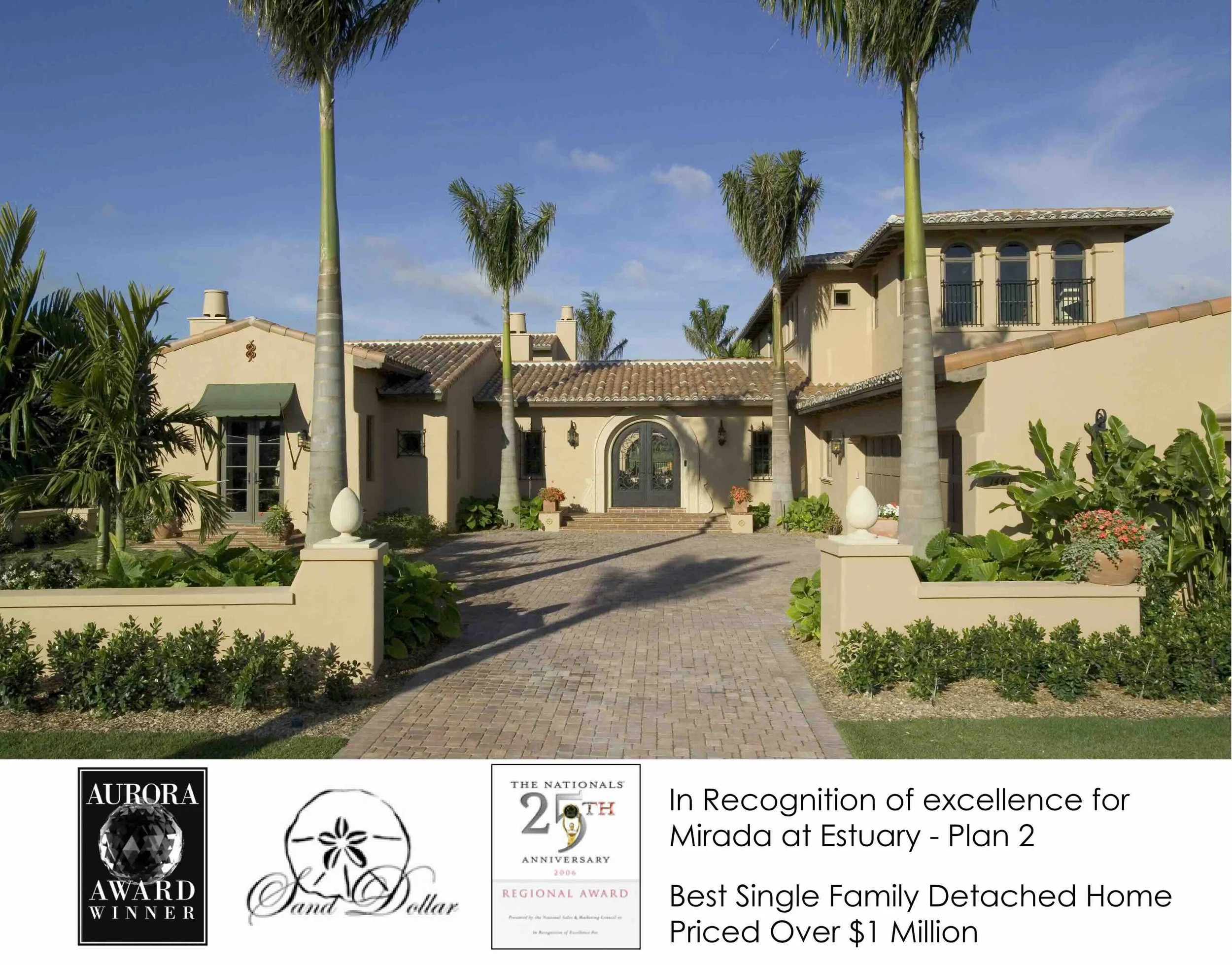 Beautiful single-family detached home with palm trees, landscaped garden, and driveway, celebrating an award for excellence and high-value real estate, priced over one million dollars.