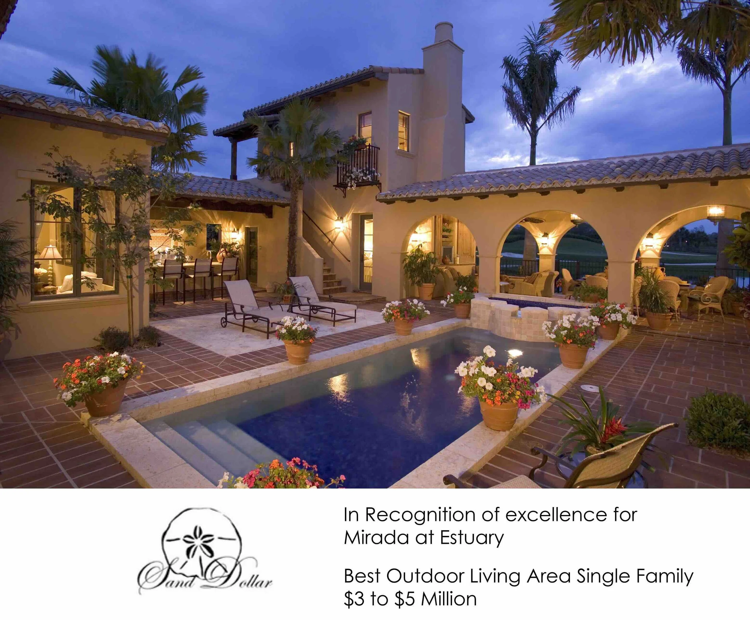 Nighttime view of a luxurious outdoor pool area at a Mediterranean-style estate with cypress and palm trees, illuminated seating areas, potted plants, and a two-story house with arched entryways.