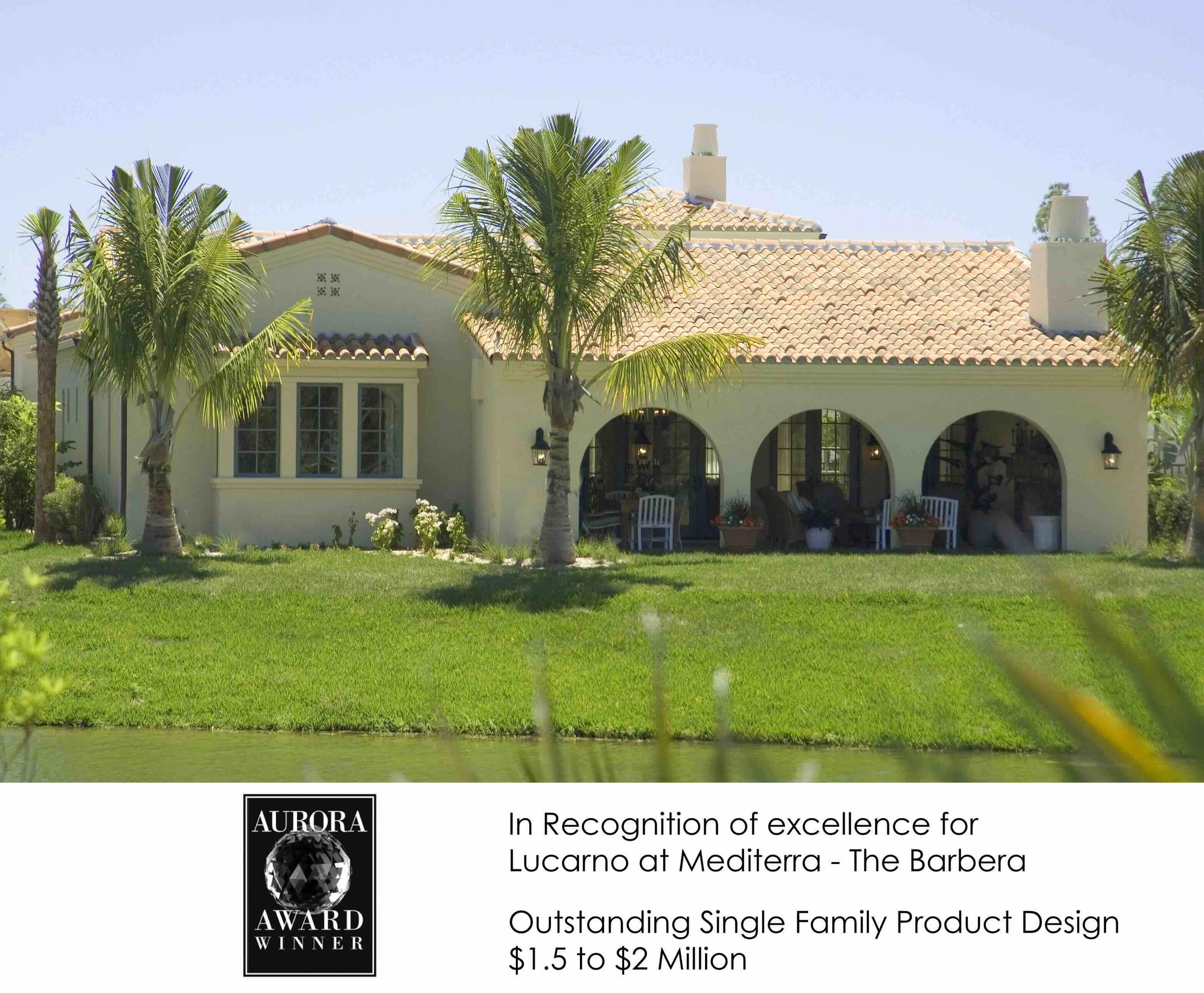 This is a photograph of a house with a tiled roof, arched openings, and surrounded by palm trees and a well-maintained lawn. A portion of water and some plants are visible in the foreground. The bottom part of the image contains a recognition award c