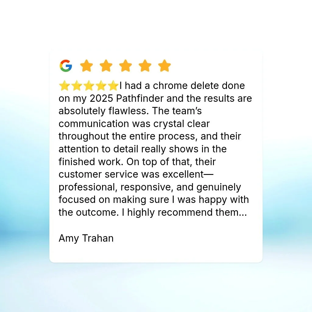 ⭐️⭐️⭐️⭐️⭐️I had a chrome delete done on my 2025 Pathfinder and the results are absolutely flawless. The team&rsquo;s communication was crystal clear throughout the entire process, and their attention to detail really shows in the finished work. On to