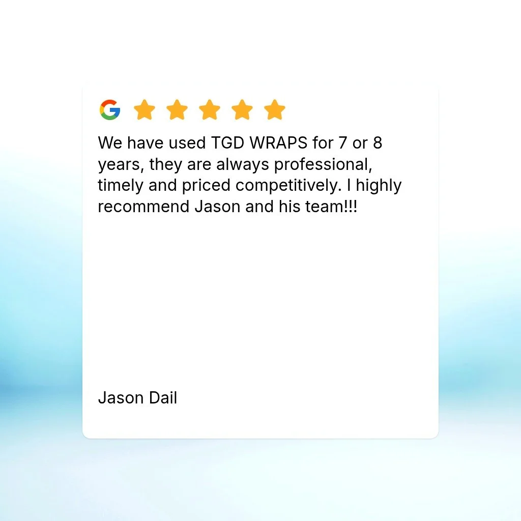 We have used TGD WRAPS for 7 or 8 years, they are always professional, timely and priced competitively. I highly recommend Jason and his team!!!
