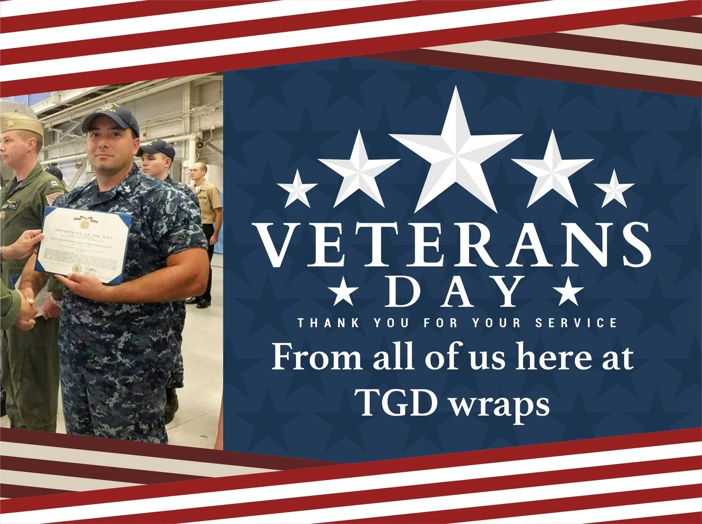Happy Veterans Day from all of us here at TGD Wraps!

We&rsquo;re honored to recognize the brave men and women who&rsquo;ve served and continue to serve our country. Thank you for your sacrifice, strength, and commitment &mdash; today and every day.
