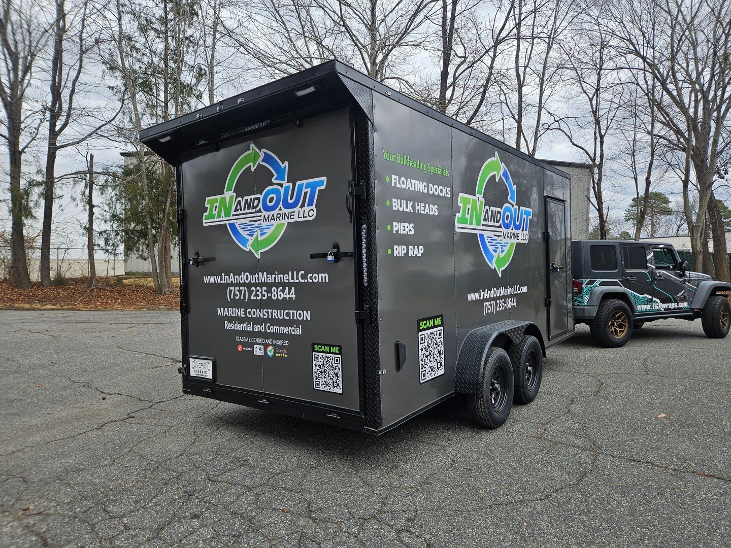 Built to haul. Built to advertise.

This In &amp; Out Marine LLC trailer is more than equipment transport &mdash; it&rsquo;s a rolling billboard. Bold logos, clean service listings, high-contrast design, and scannable QR codes turn every job site int
