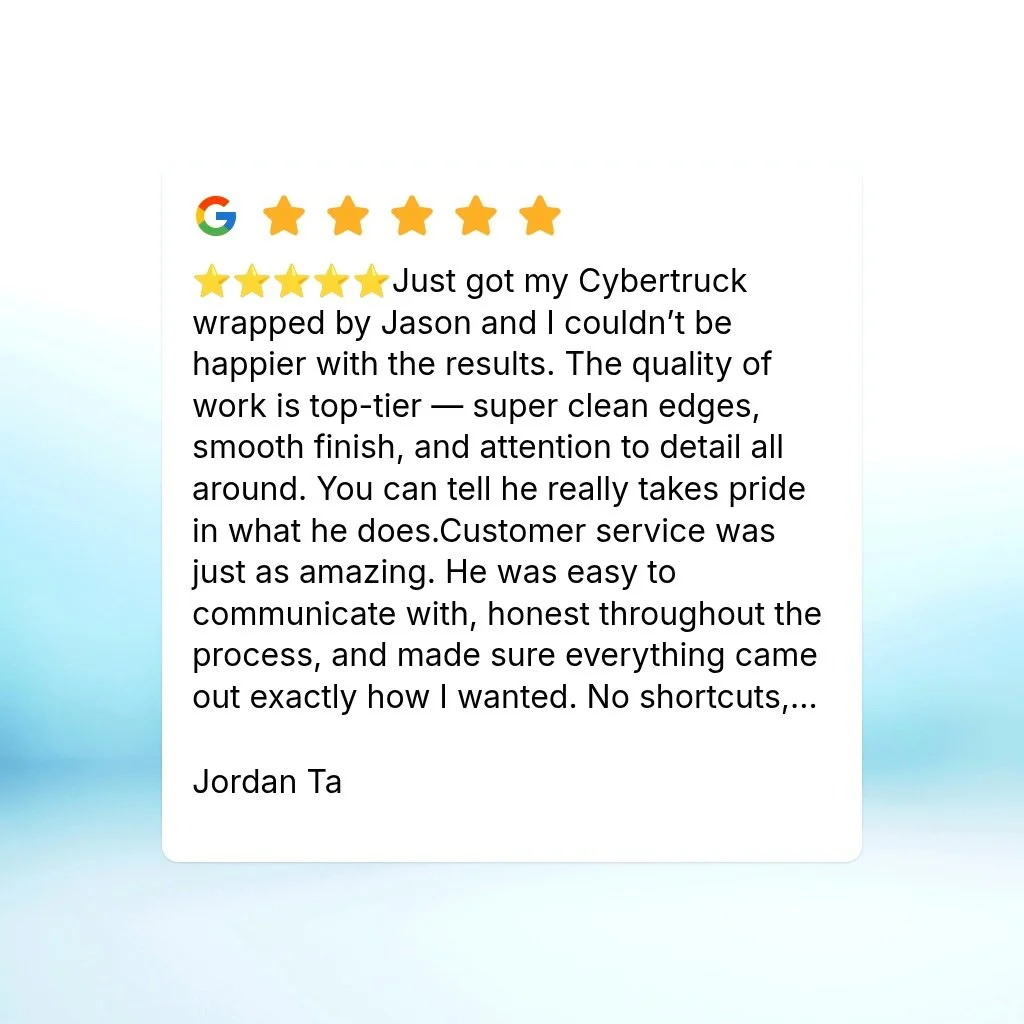 ⭐️⭐️⭐️⭐️⭐️Just got my Cybertruck wrapped by Jason and I couldn&rsquo;t be happier with the results. The quality of work is top-tier &mdash; super clean edges, smooth finish, and attention to detail all around. You can tell he really takes pride in wh