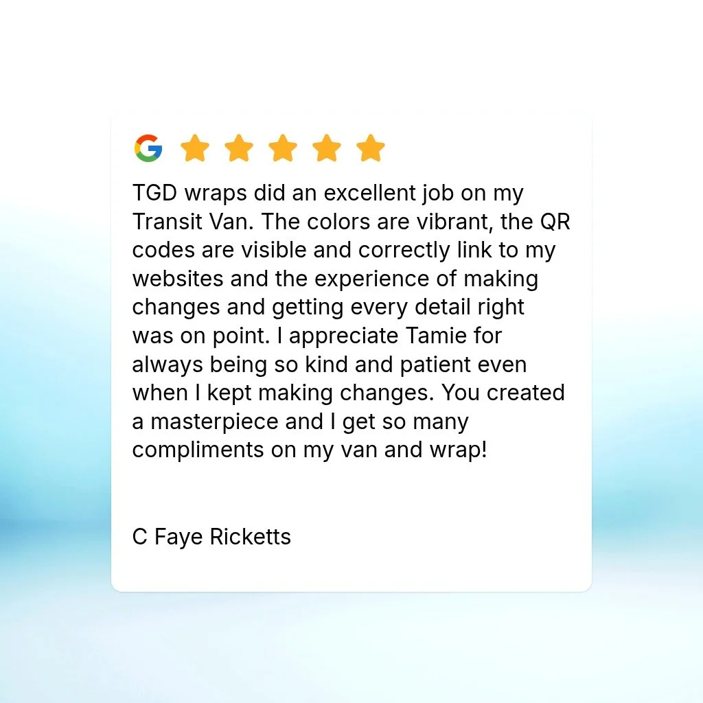 TGD wraps did an excellent job on my Transit Van.  The colors are vibrant, the QR codes are visible and correctly link to my websites and the experience of making changes and getting every detail right was on point.  I appreciate Tamie for always bei
