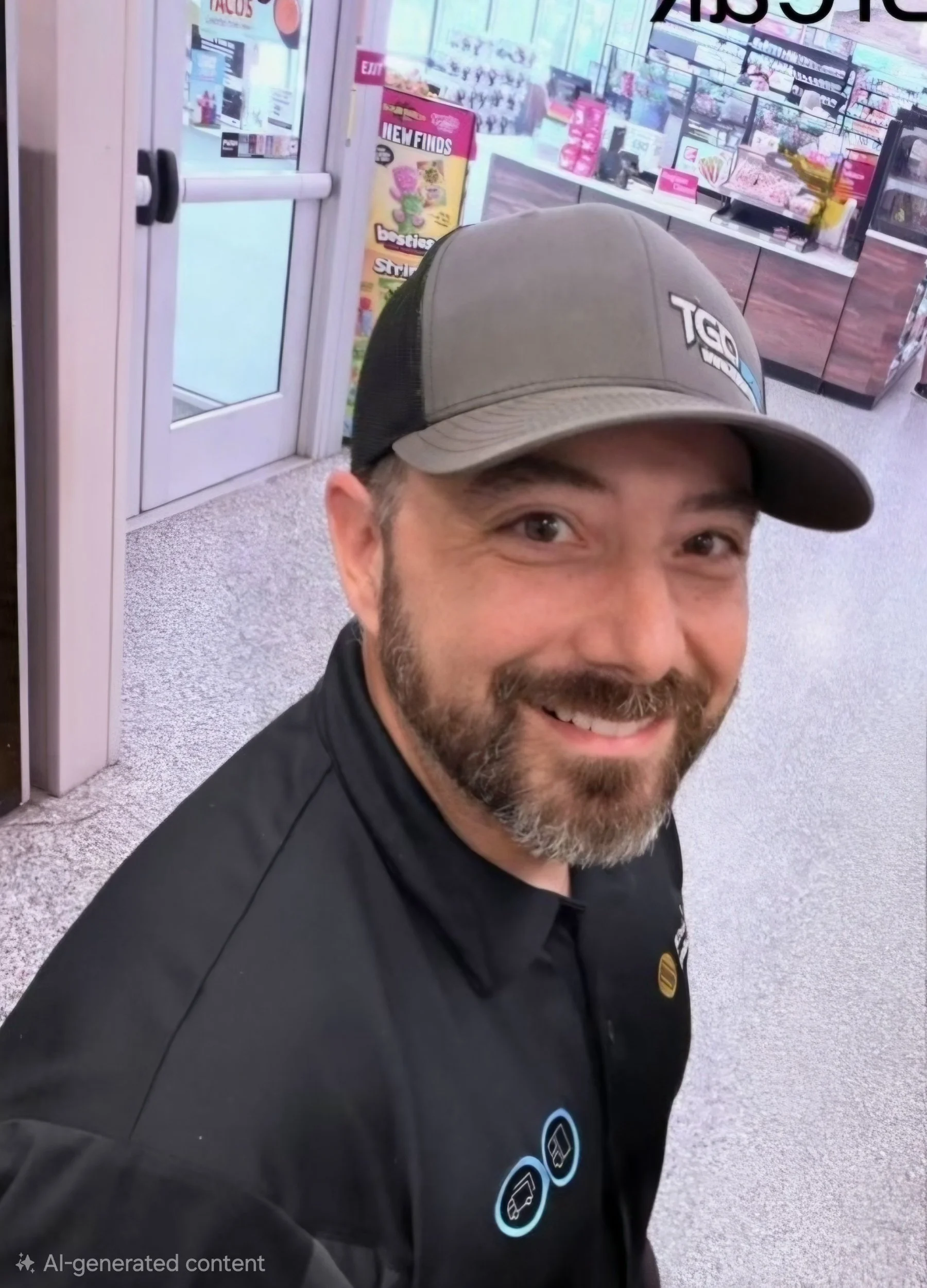 Smiling bearded man wearing a cap and black branded shirt inside a colorful retail store.