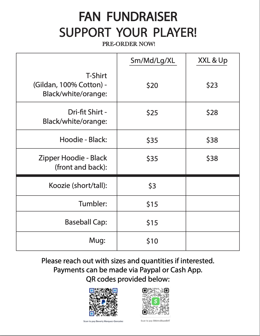 Fan fundraiser order form listing pre-order prices for various apparel and accessories, including T-shirts, shirts, hoodies, caps, mugs, and tumblers, with QR codes for payment.