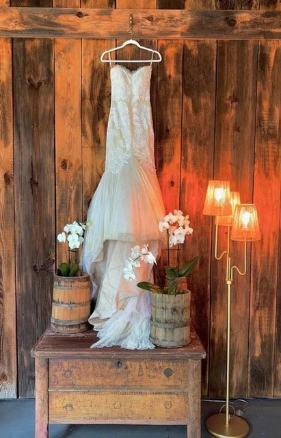 Wedding dress hanging on a hook against a wooden wall with potted white orchids on either side and a tall floor lamp with three lampshades to the right.