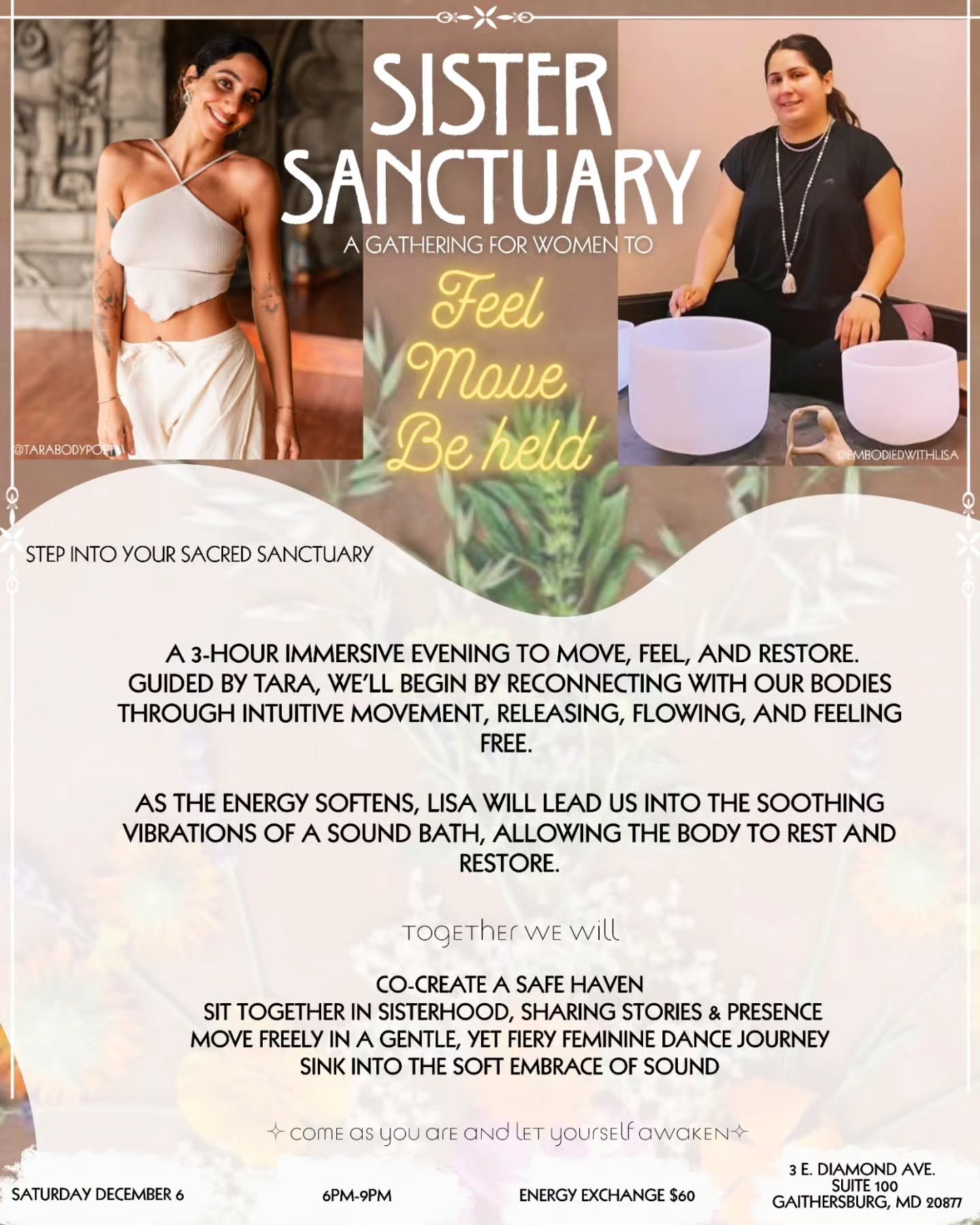 ​✨ SISTER SANCTUARY IS OPEN ✨

​You are invited to step into your Sacred Sanctuary.
​Join Tara (@tarabodypoet) and Lisa (@embodiedwithlisa) for a 3-hour immersive evening dedicated to connecting, moving, and restoring your feminine spirit. 

This is 