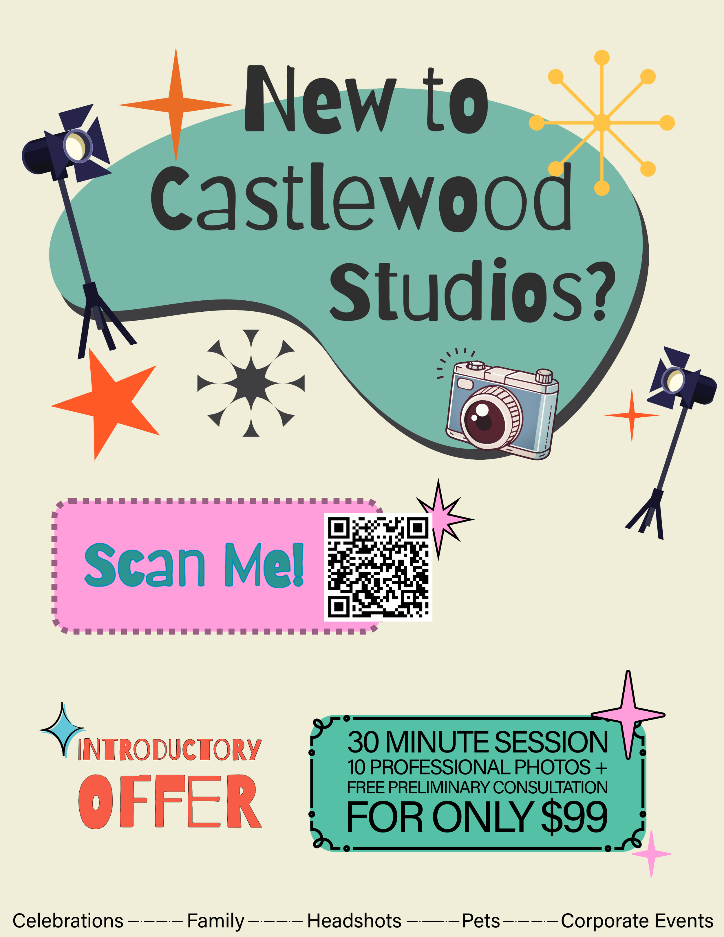 An advertisement for new photography studio in Castlewood, featuring a QR code, a camera illustration, and details about a 30-minute session for $99. The design includes colorful stars, spots, and light equipment illustrations.