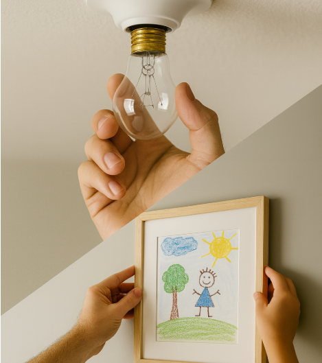 Split photo showing a hand changing a lightbulb on the ceiling and another hand hanging a child’s framed drawing on the wall — Hoosier Property Services picture hanging and lightbulb replacement in Bloomington, Indiana.