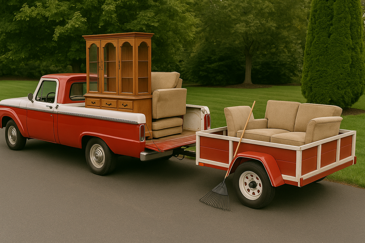 Pickup truck and trailer hauling furniture for a moving or cleanout job in Bloomington Indiana