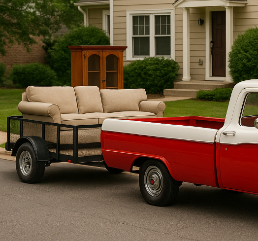 pickup truck with a trailer loaded with a sofa and china cabinet in a Bloomington neighborhood — Hoosier Property Services truck and trailer hauling assistance