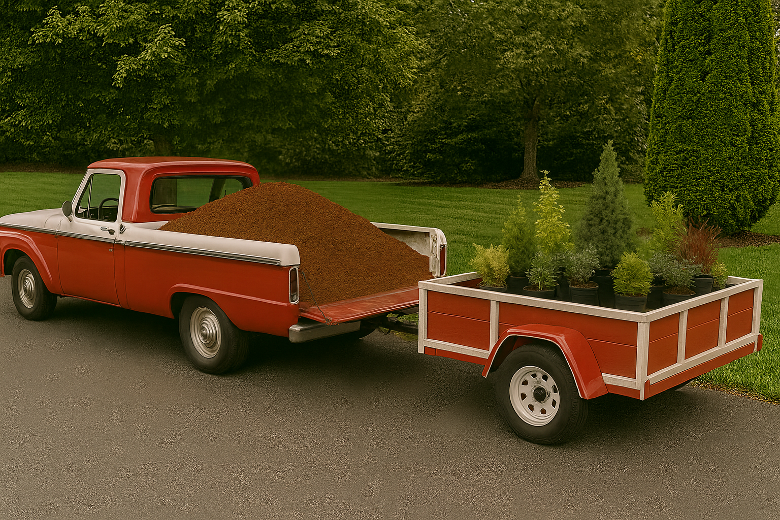 Pickup truck delivering mulch and landscaping materials to a home in Bloomington Indiana