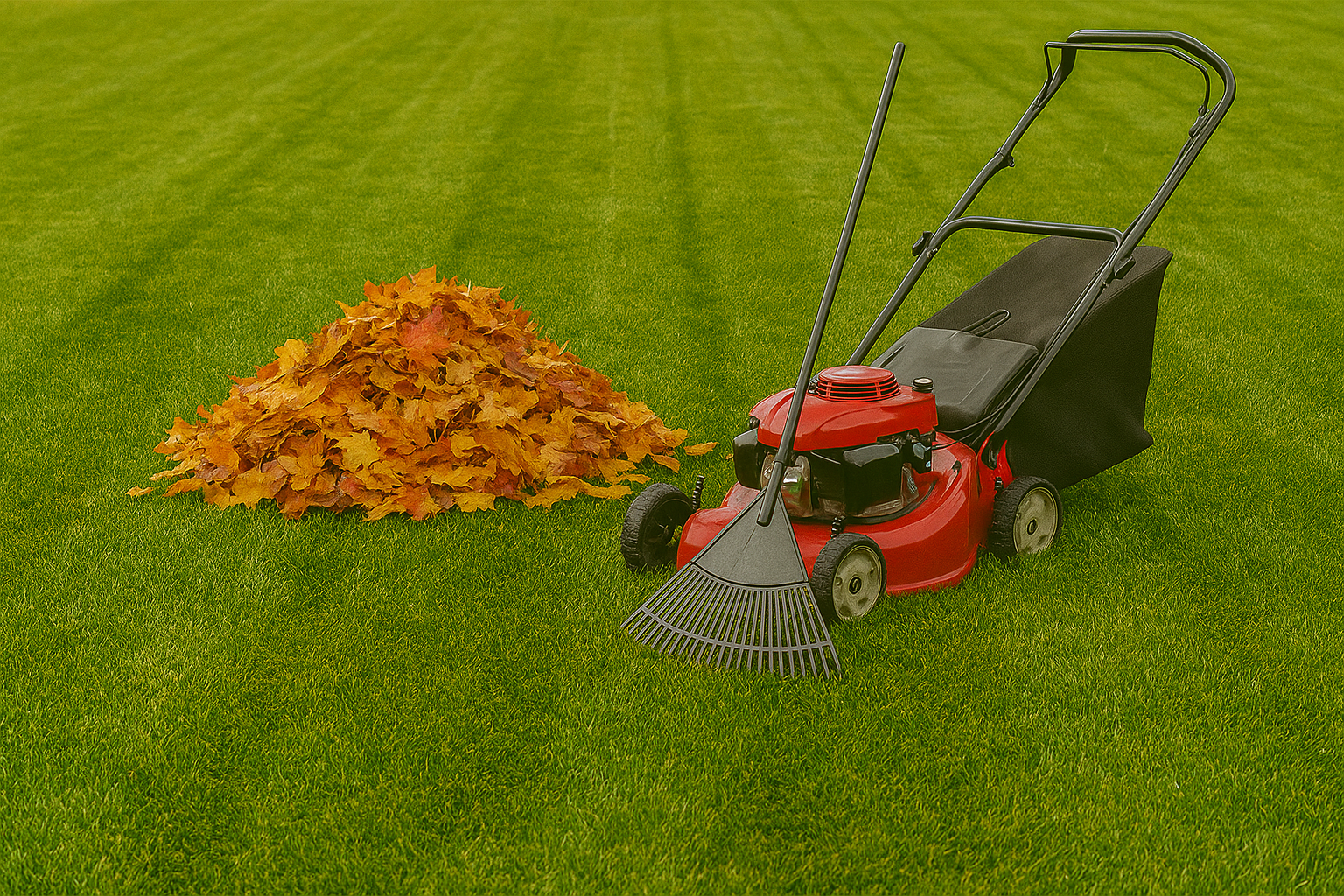 Lawn mower and fall leaf cleanup on a freshly cut lawn in Bloomington Indiana