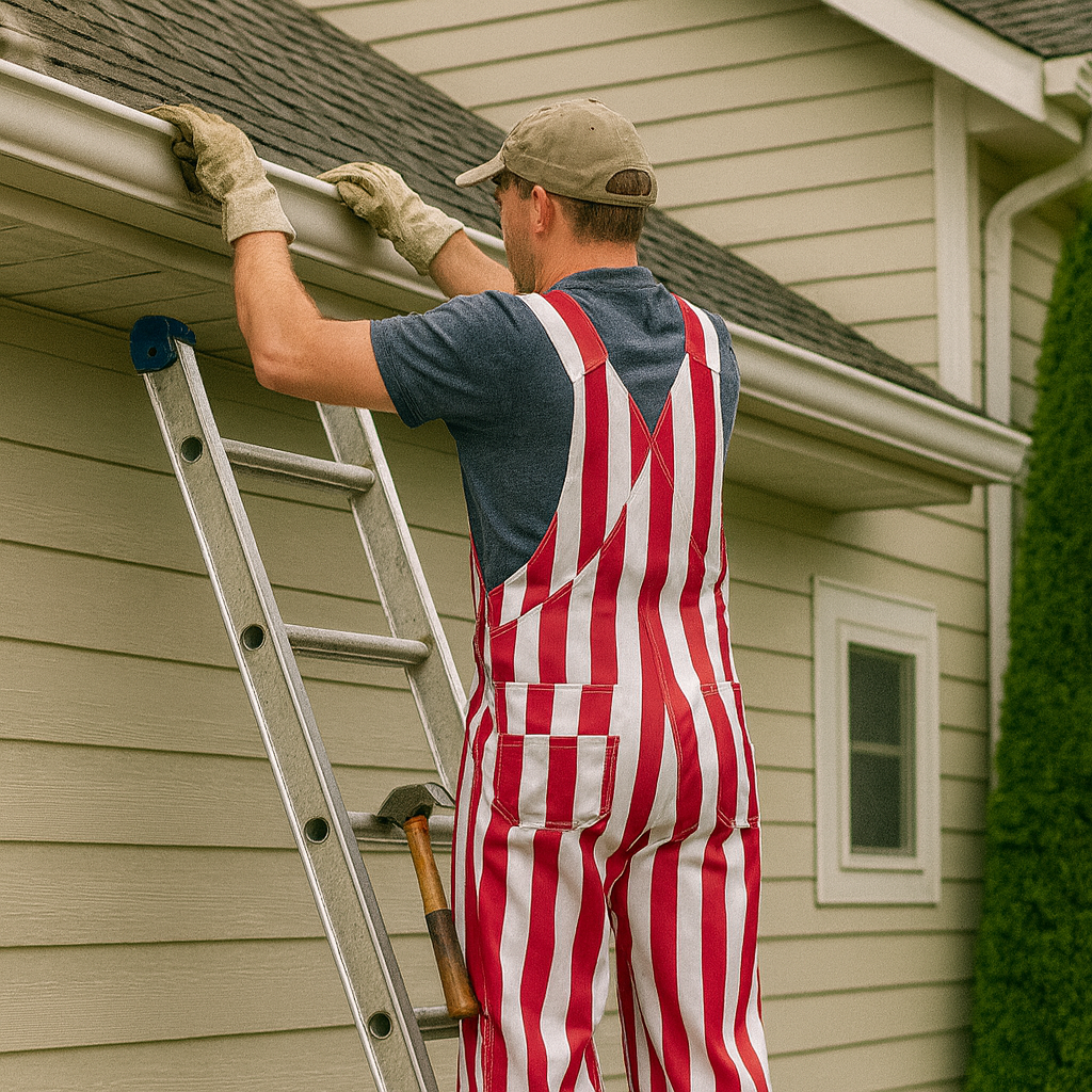 Handyman in red and white striped overalls standing on a ladder cleaning house gutters — Hoosier Property Services gutter cleaning in Bloomington, Indiana.