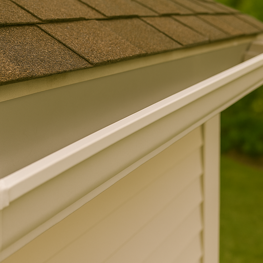 Close-up of a freshly cleaned house gutter with no leaves or debris — Hoosier Property Services gutter cleaning in Bloomington, Indiana.