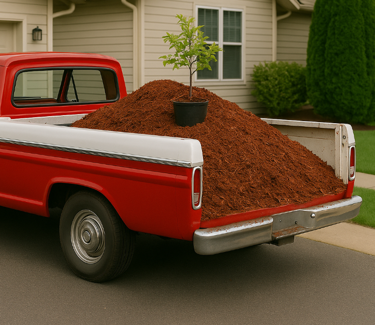 Red and white vintage pickup truck loaded with a large pile of mulch and a small potted tree — Hoosier Property Services mulch and gravel delivery in Bloomington, Indiana.