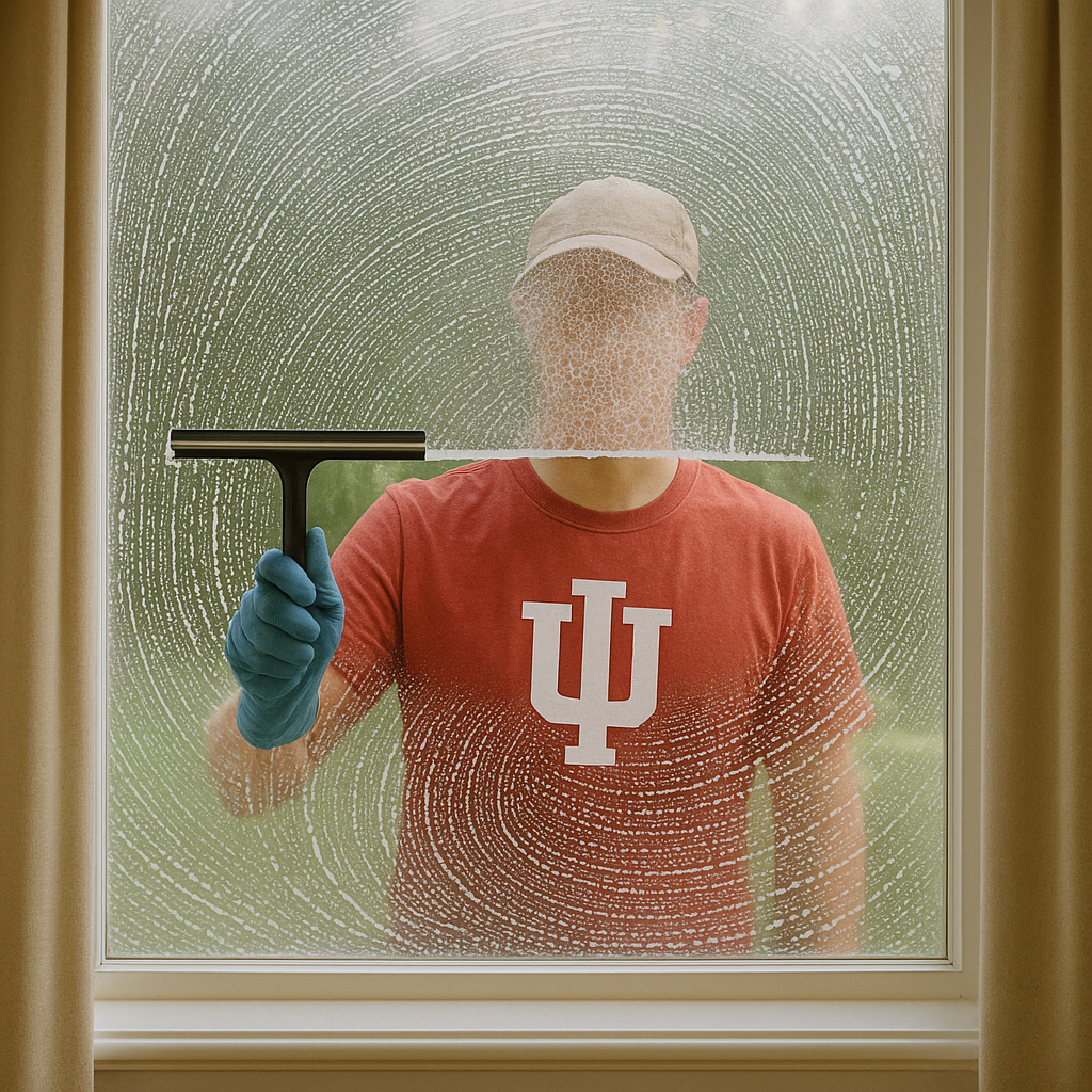 Person in IU shirt using a squeegee to clean a soapy window — Hoosier Property Services window washing in Bloomington, Indiana.