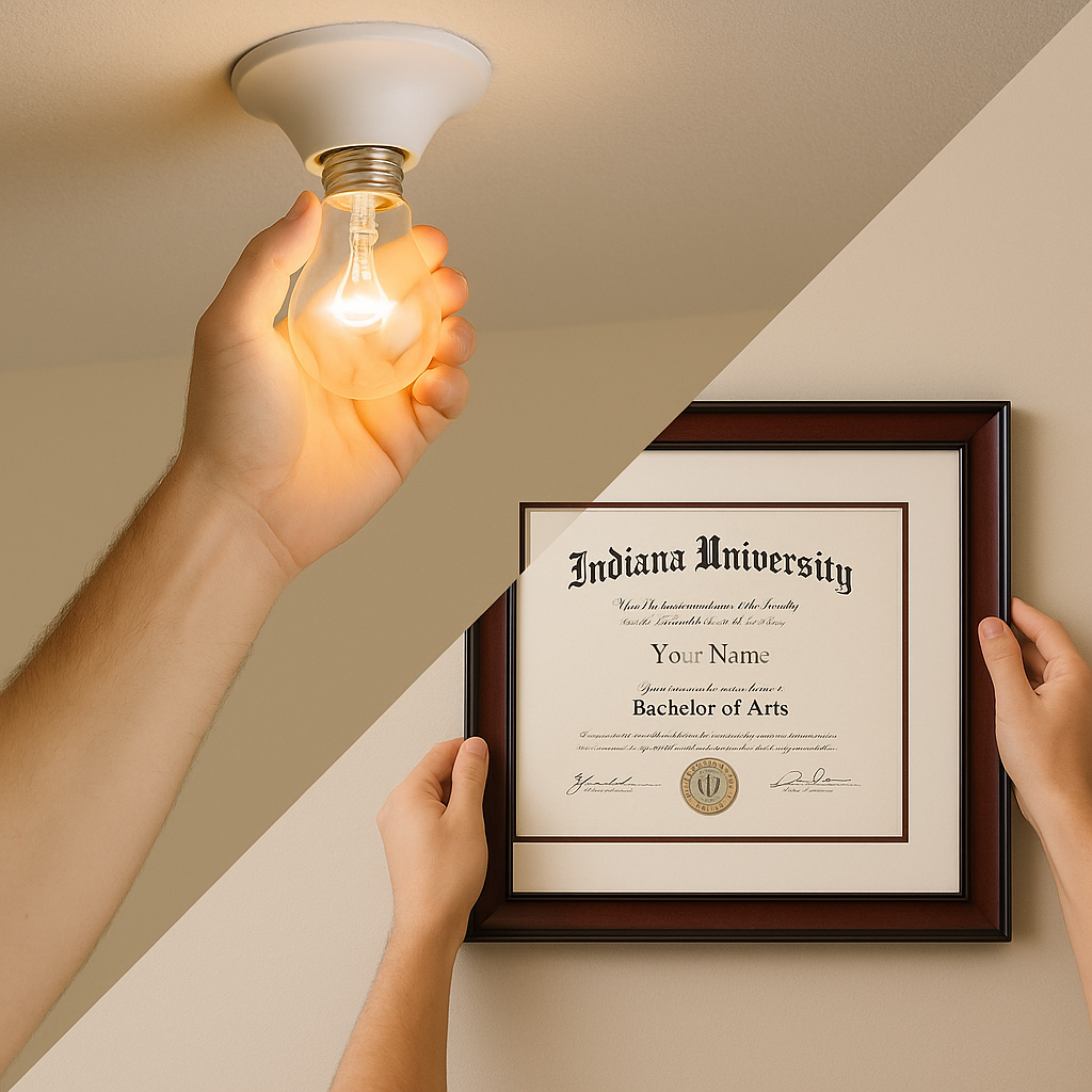Hands replacing a ceiling lightbulb and hanging an Indiana University diploma on the wall — Hoosier Property Services handyman help in Bloomington, Indiana.