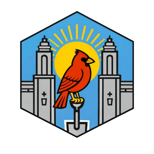 Bird on a shovel between Sample Gates in Bloomington, Indiana