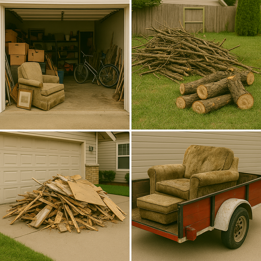 Collage of junk removal in Bloomington, Indiana — cluttered garage, pile of branches, driveway construction debris, and old furniture loaded on a trailer by Hoosier Property Services.