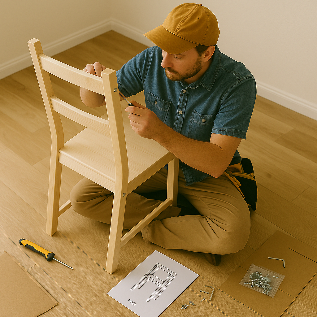Handyman sitting on the floor assembling a wooden chair with screws and an IKEA-style instruction sheet — Hoosier Property Services furniture assembly in Bloomington, Indiana.