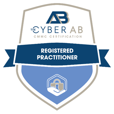 Badge with CyberAB logo, Cyber AB text, CMMC certification, and 'Registered Practitioner' label with a padlock icon.